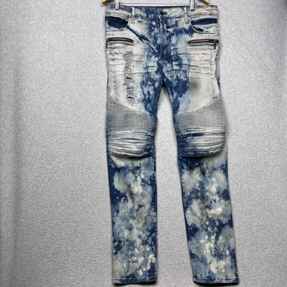 Robin's Jean Mens Biker Slim Jeans 38 Acid Wash Distress Moto Blue /Gray Grunge
